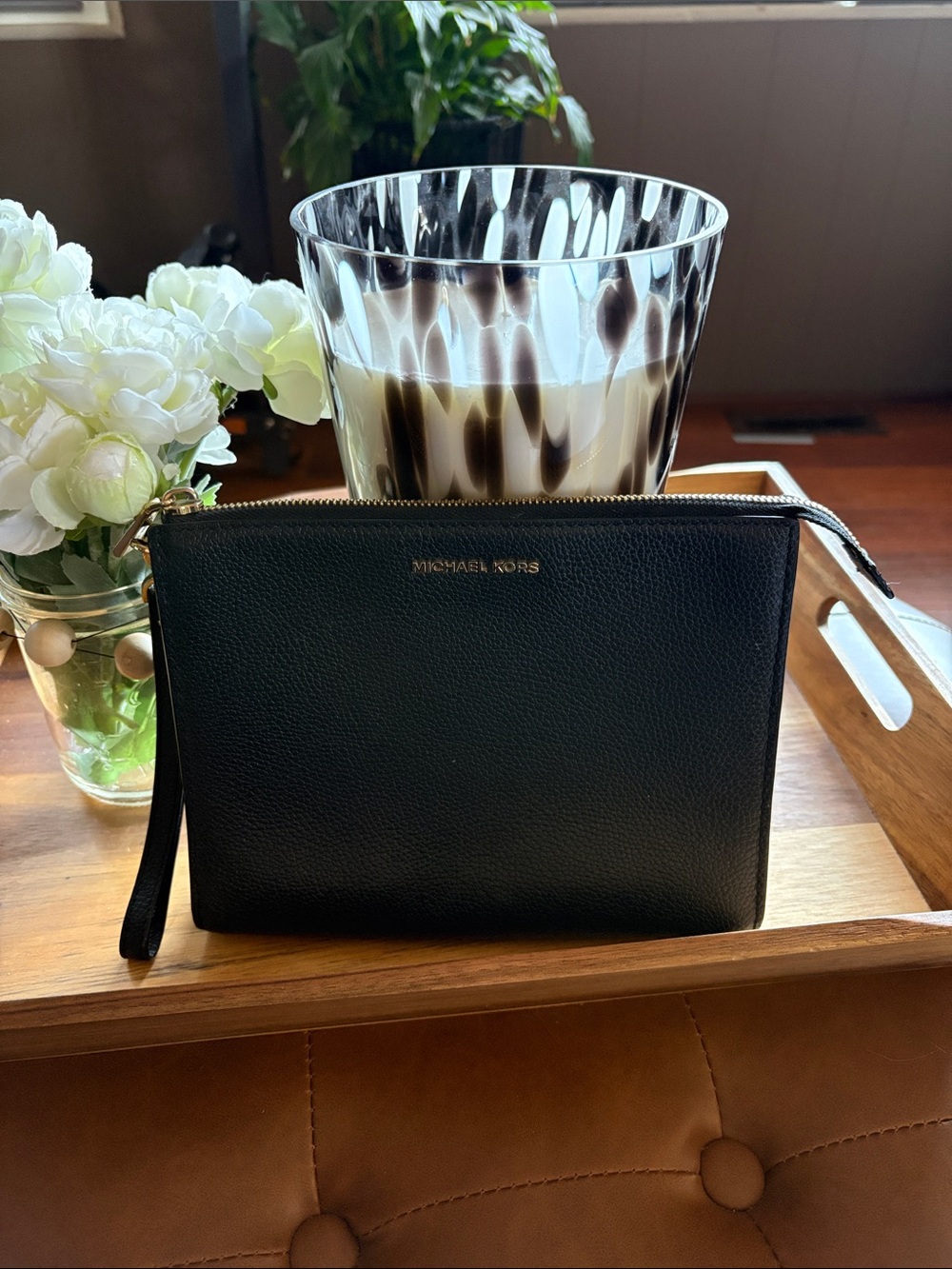 Michael Kors Black Pebbled Leather Toiletry Pouch with Gold Logo